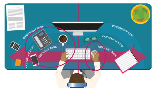 Office desk illustrating keeping objects on opposite sides to prevent using only one side of your body.